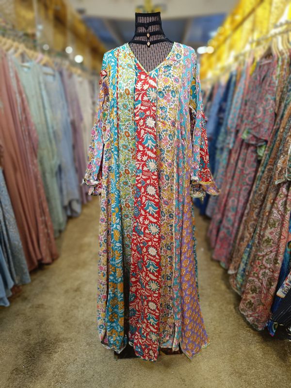 S/M Meher Silk Multi Printed  Dress 57&quot; Long Jalabiya