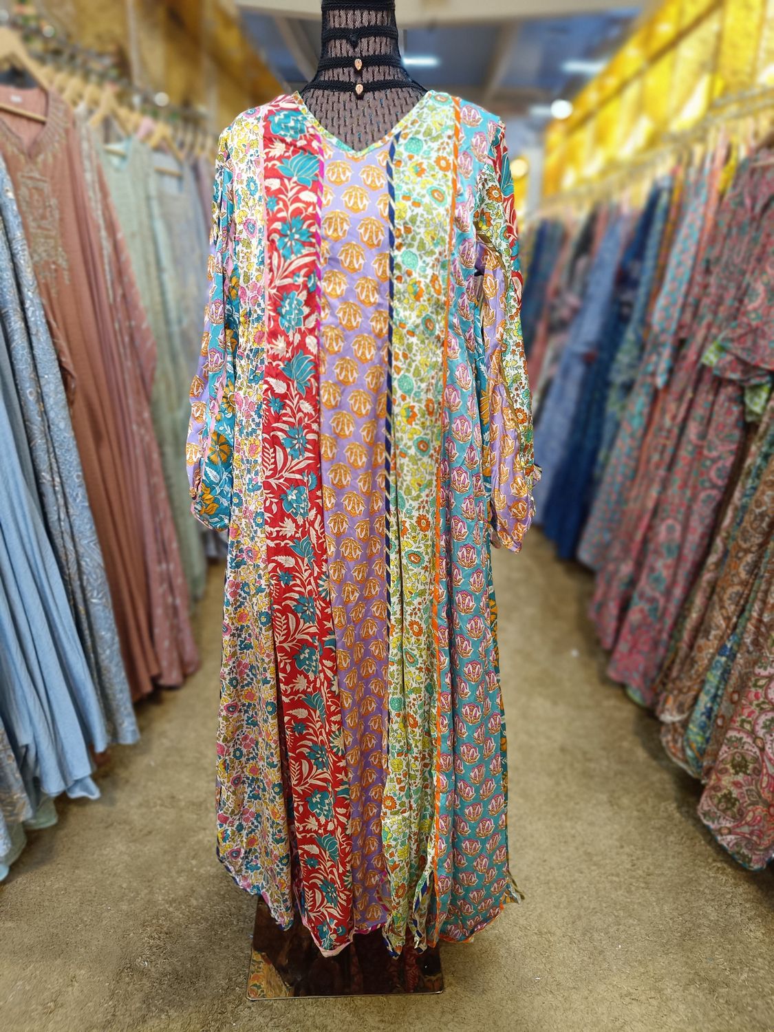 S/M Meher Silk Multi Printed  Dress 57&quot; Long Jalabiya