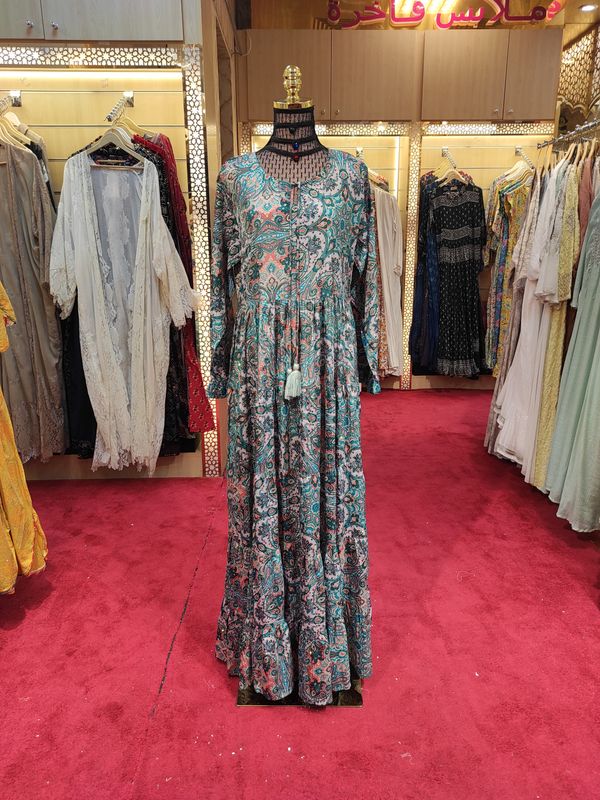 L/XL  Razia Silk Crystal Printed  Dress 57&quot; Long Jalabiya