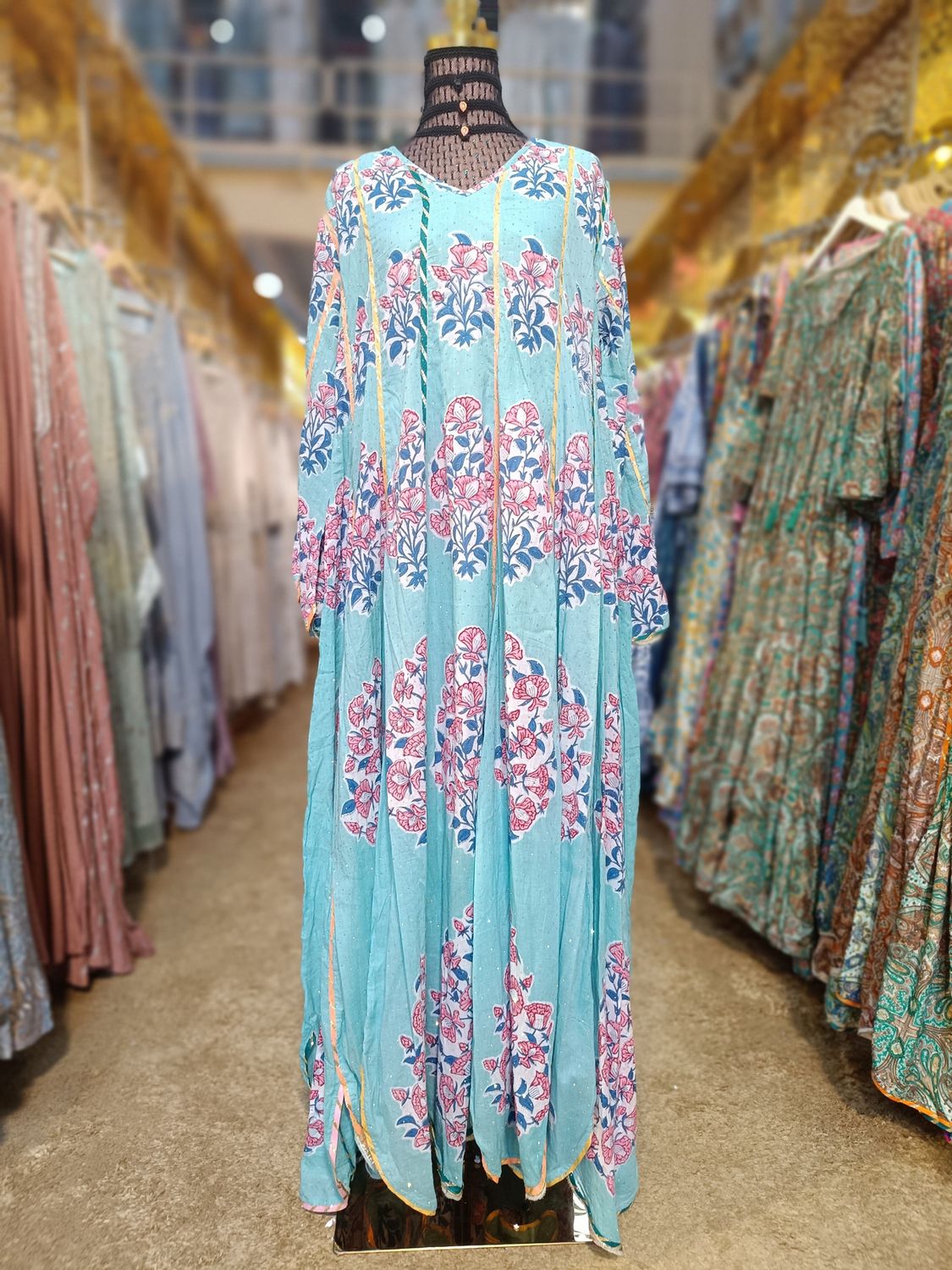 L/XL Meher Crystal  Multi Printed Cotton Dress 57&quot; Long Jalabiya