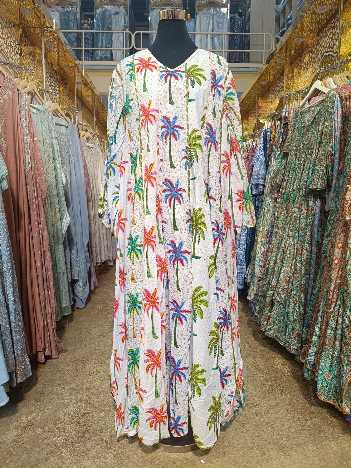 L/XL Meher Crystal Multi Printed Cotton Dress 56&quot; Long Jalabiya