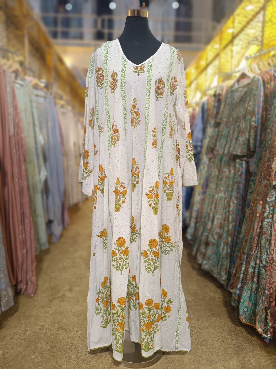 L/XL Meher Crystal white Multi Printed Cotton Dress 57&quot; Long Jalabiya