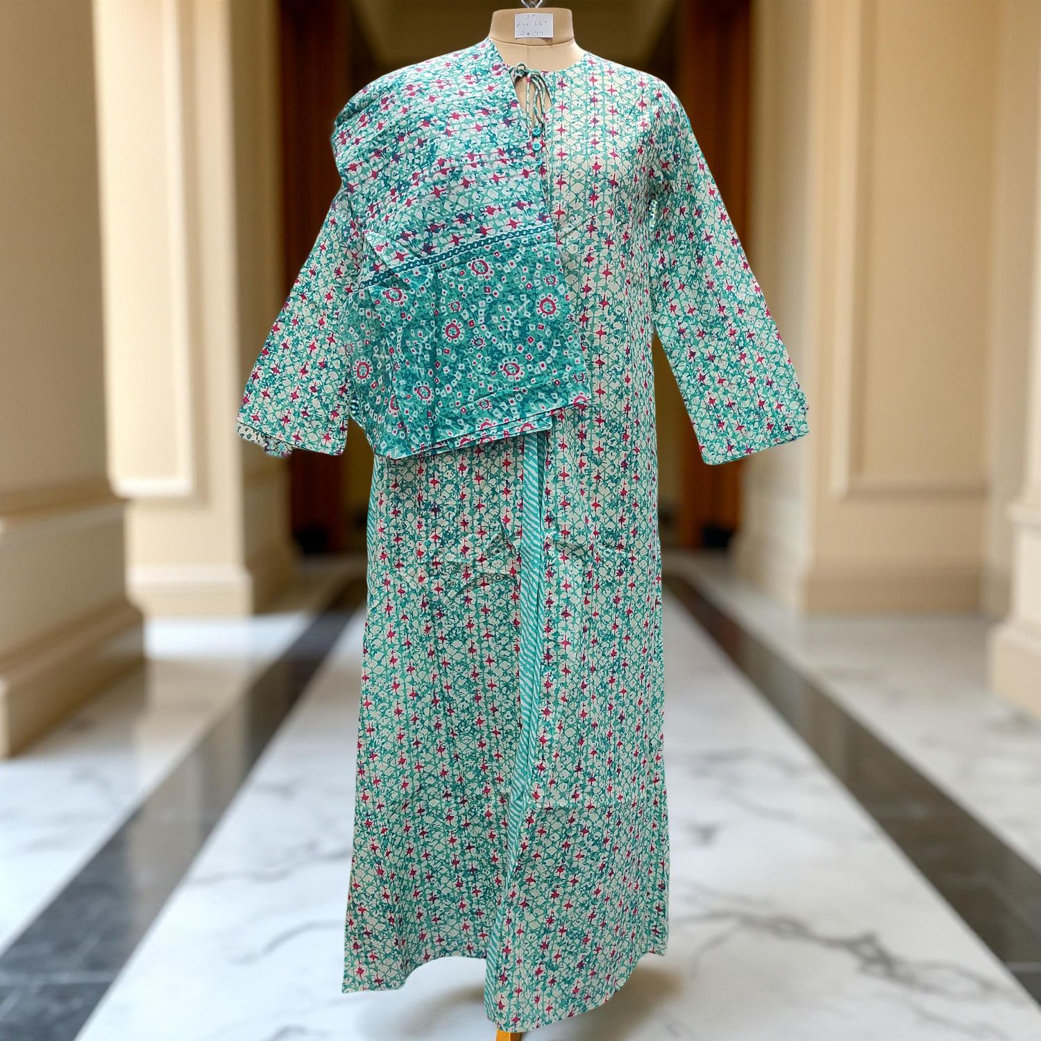 S-M Nobila Printed Cotton Dress With Scarf 57&quot; Long Jalabiya