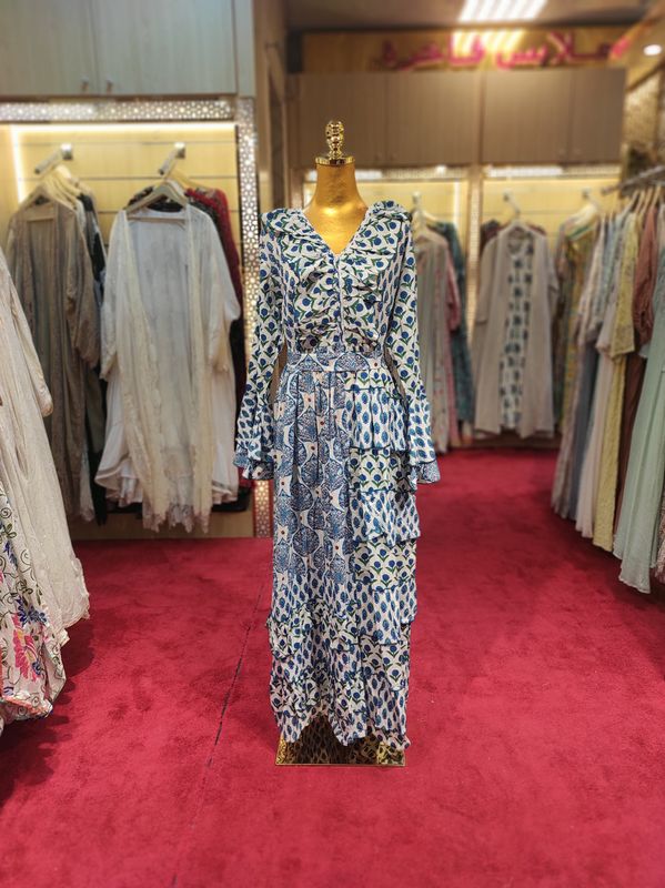 L/XL Sabah Blue Printed Cotton Dress 57&quot; Long Jalabiya