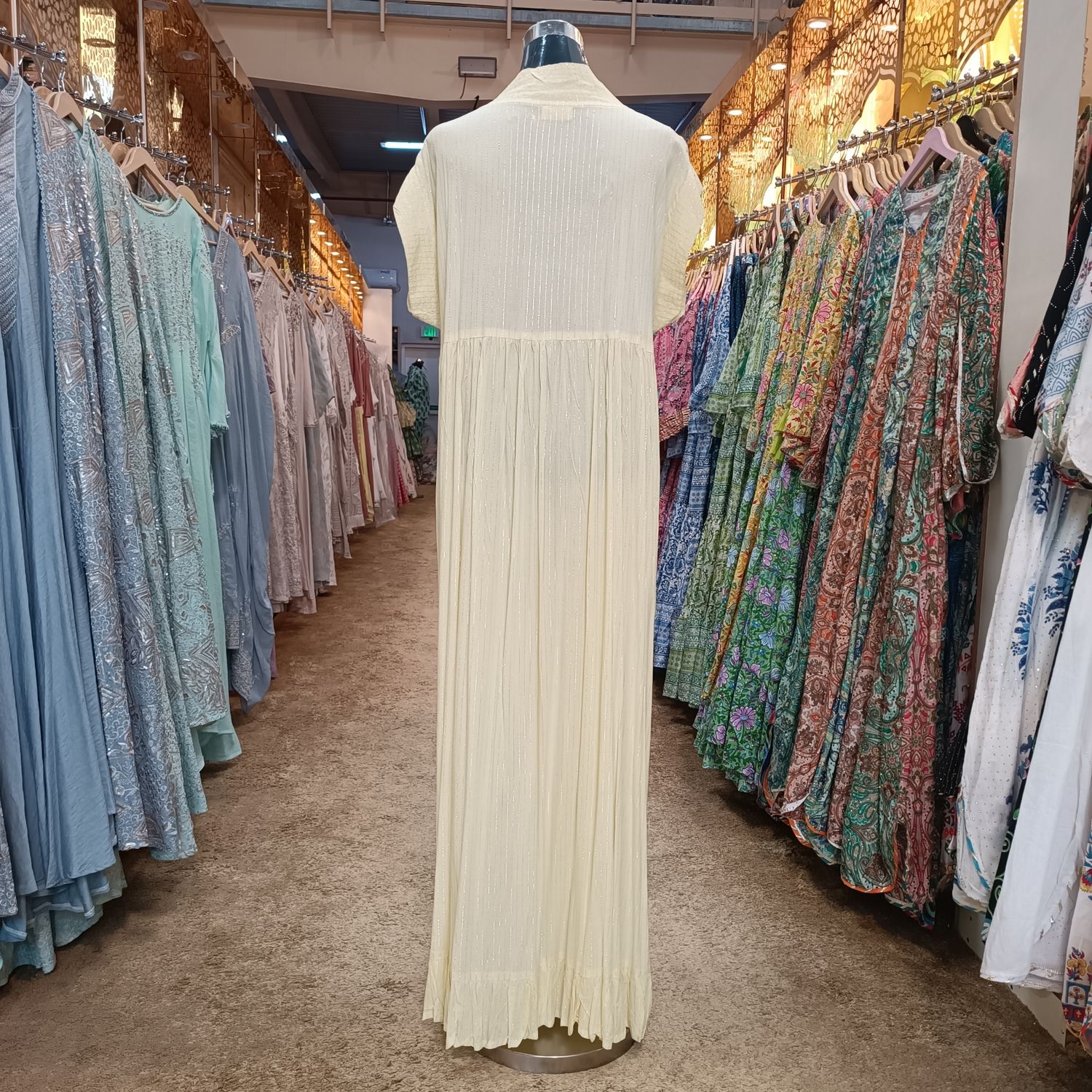 L/XL Amani Crystal Yellow Plain Solid Cotton Dress 56&quot; Short Sleeves Jalabiya