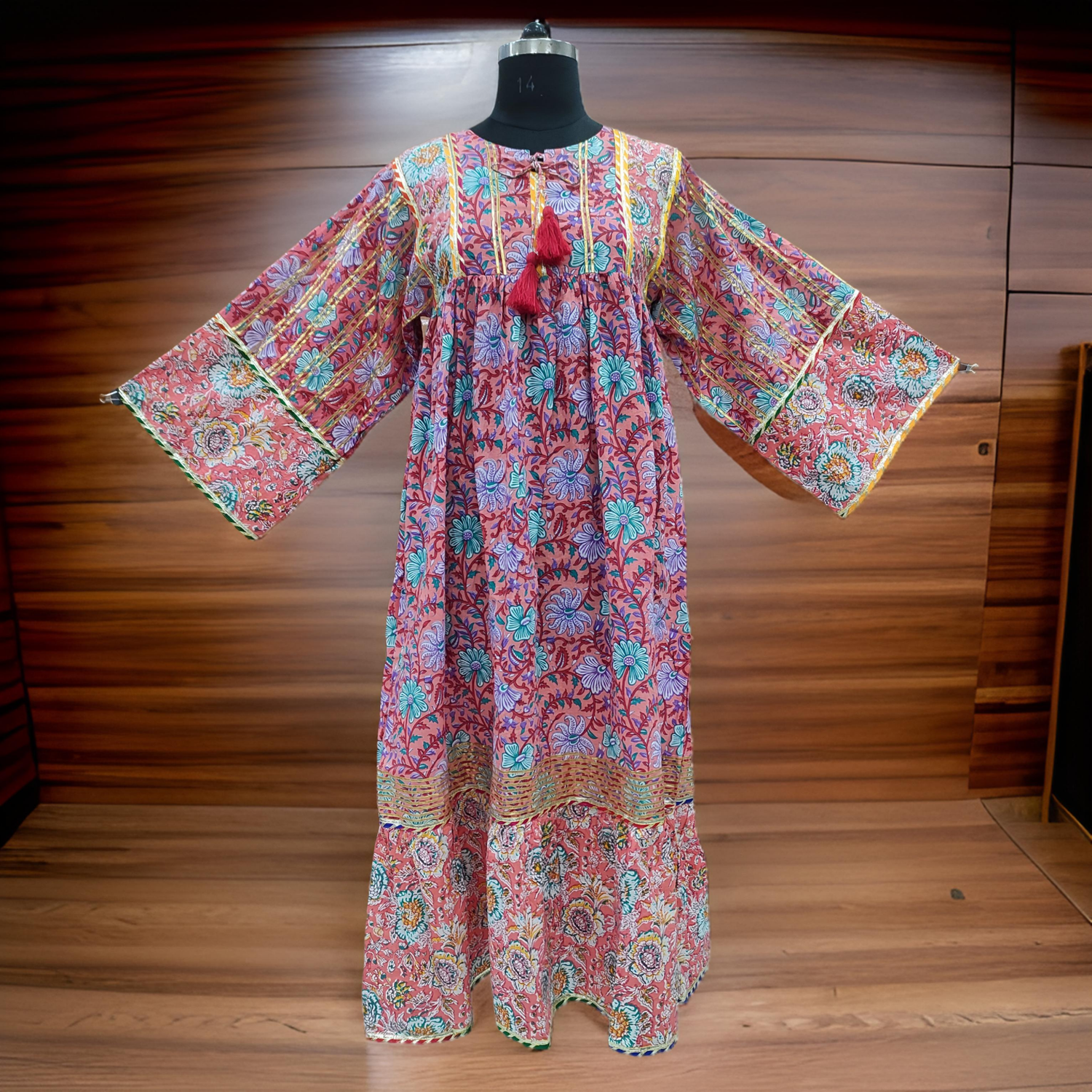 L/XL Ebrah Printed Cotton Dress 56&quot; Long Jalabiya