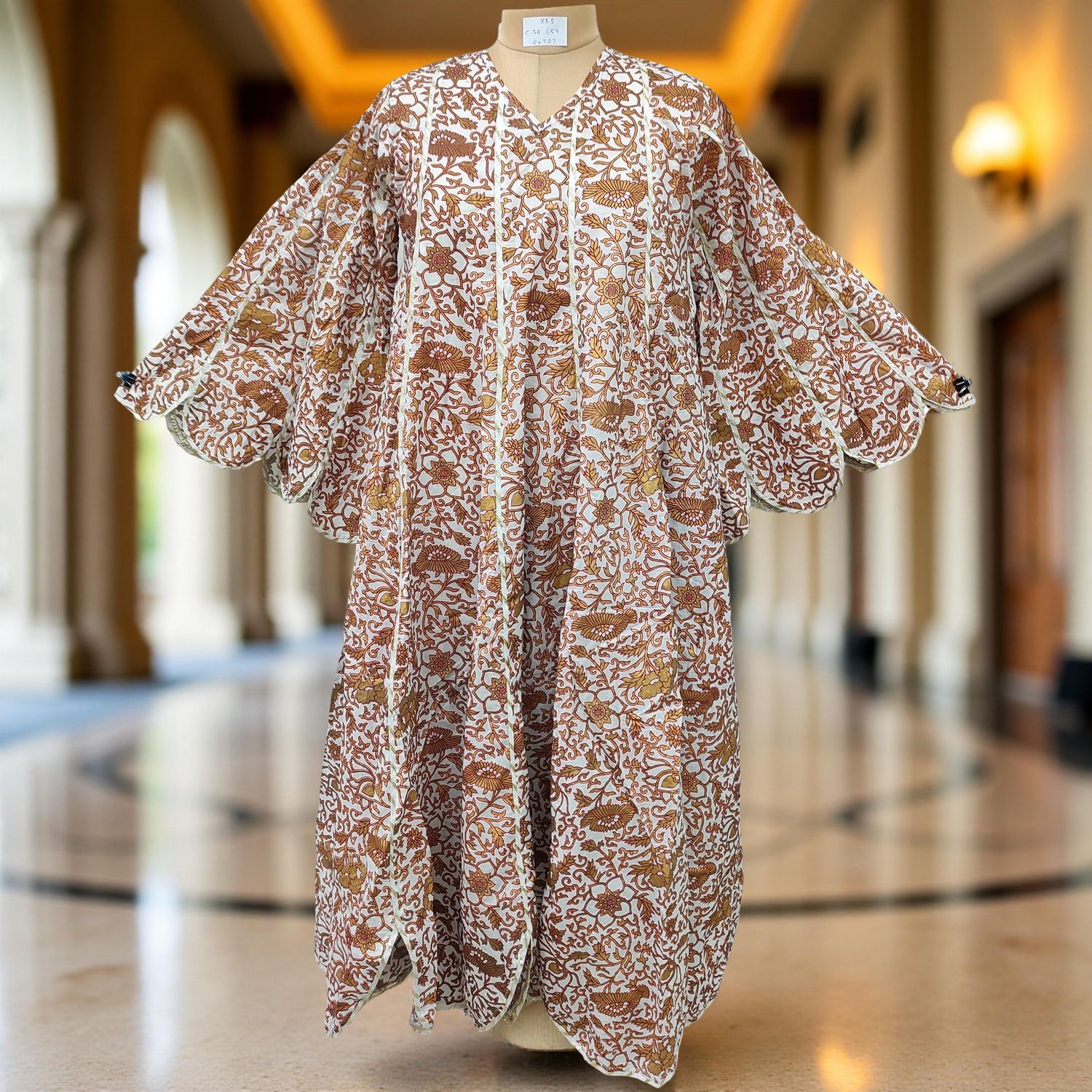 XS/S Meher Gold Printed Cotton Dress 54&quot; Long Jalabiya