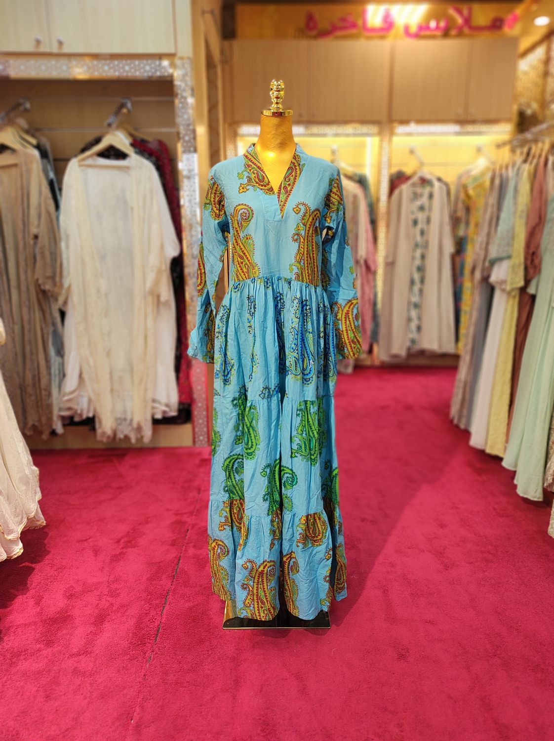S/M Maldives Blue Printed Cotton Dress 57&quot; Long Jalabiya