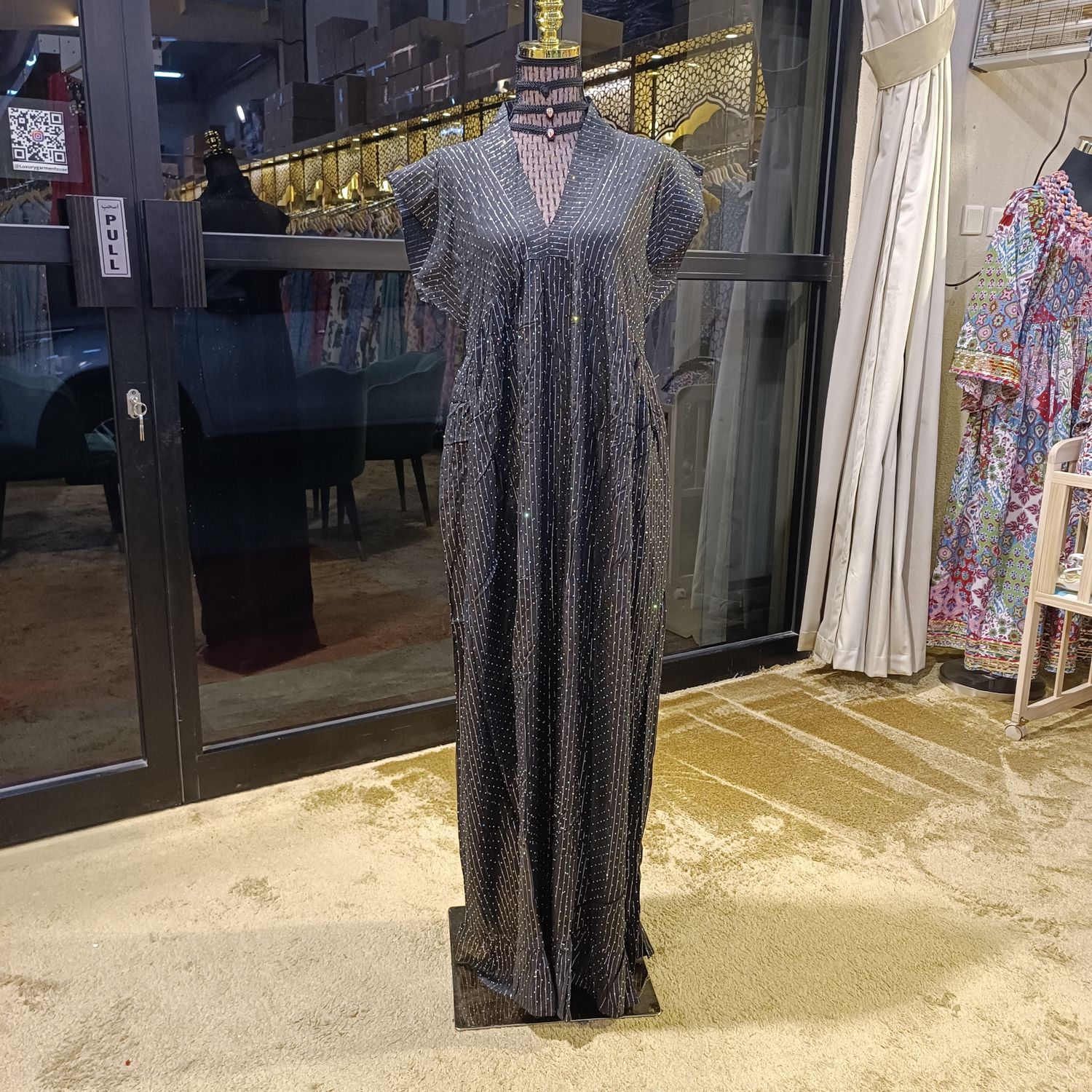 L/XL Amani Crystal Printed Cotton Dress 57&quot; Short Sleeves Jalabiya