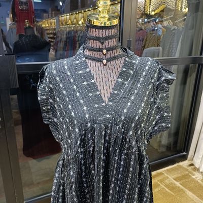 XS/S Amani Crystal Black  Printed Cotton Dress 54&quot; Short Sleeves Jalabiya