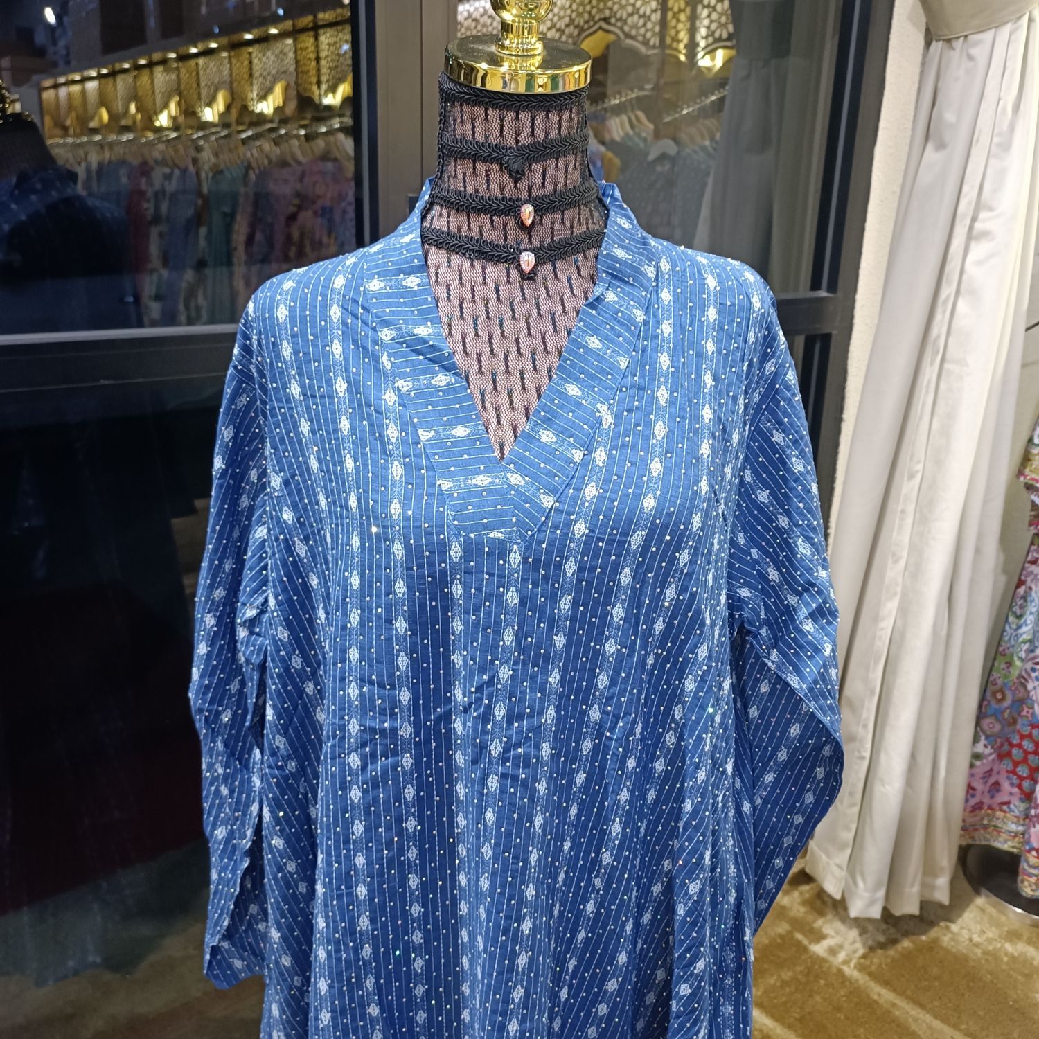 L/XL Teena Crystal Dark Blue Cotton Dress 56&quot; Jalabiya