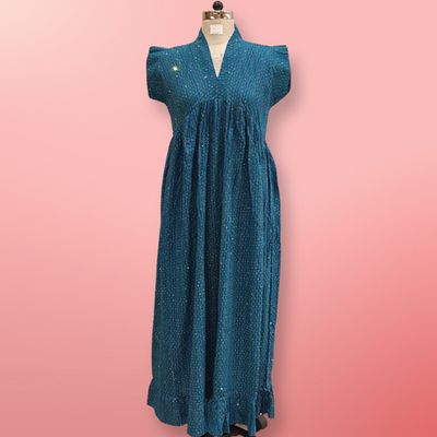 S/M Amani Crystal Blue Solid Cotton Dress 56&quot; Short Sleeves Jalabiya