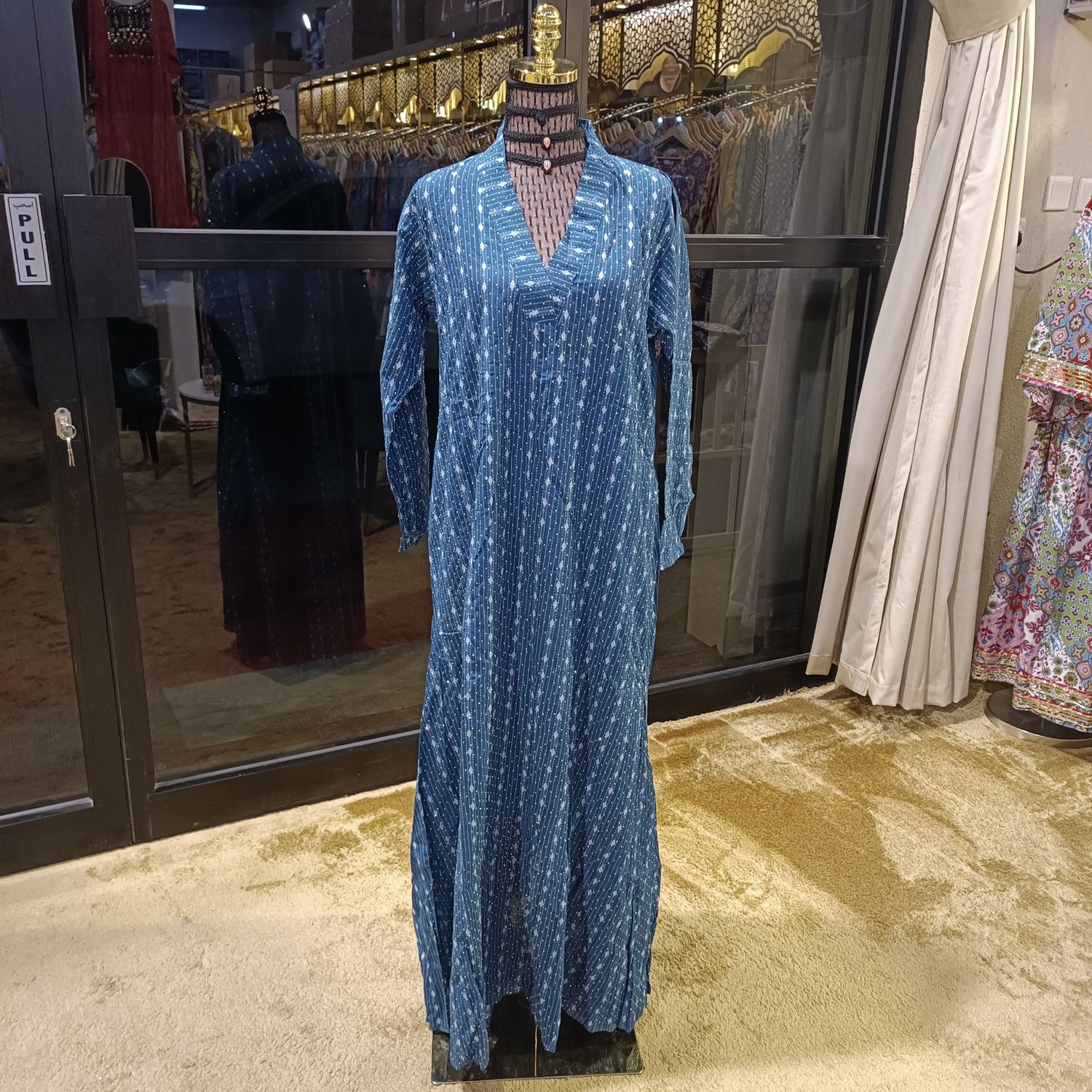 S/M Teena Crystal  Blue  Cotton Dress 56&quot; Long Jalabiya