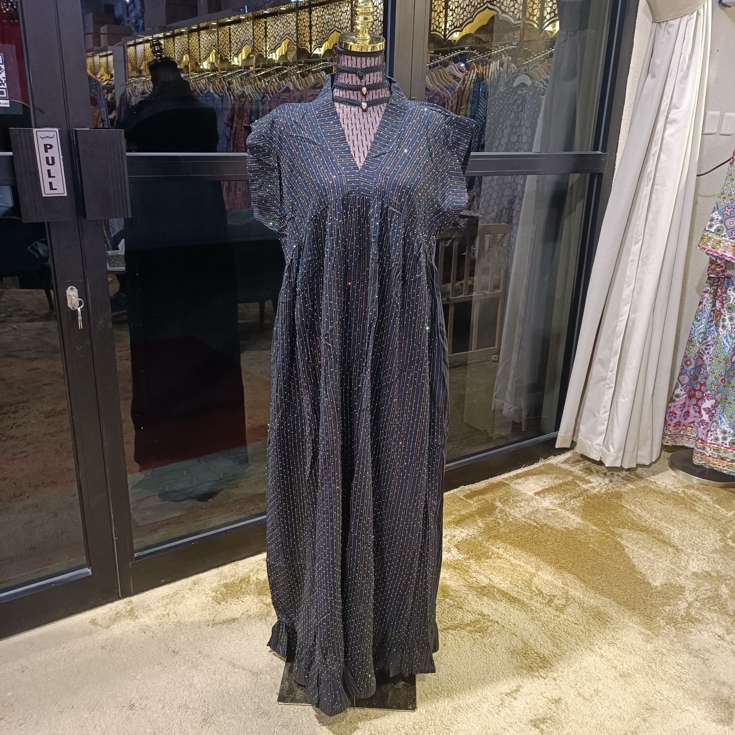 L/XL Amani Crystal Printed Cotton Dress 57&quot; Short Sleeves Jalabiya