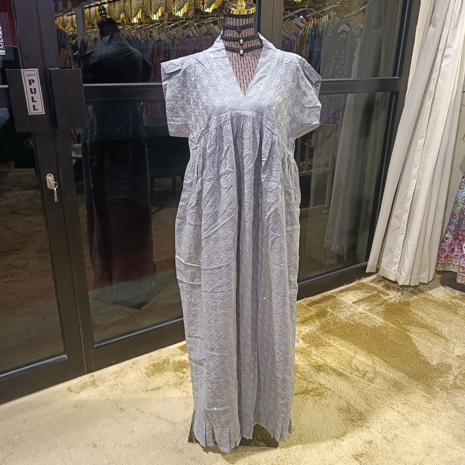 L/XL Amani Crystal Printed Cotton Dress 57&quot; Short Sleeves Jalabiya