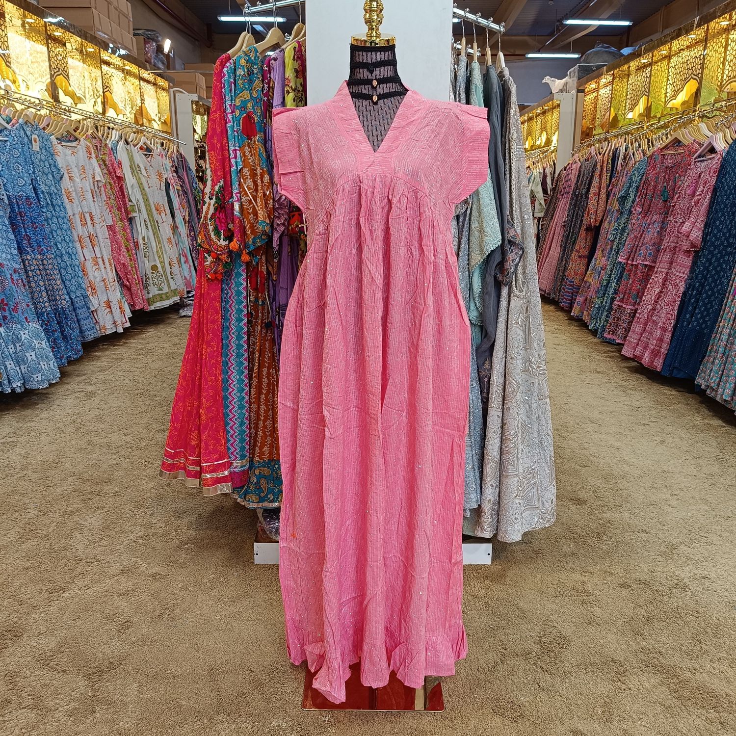 S/M Amani Crystal Pink Plain Solid Cotton Dress 56&quot; Short Sleeves Jalabiya