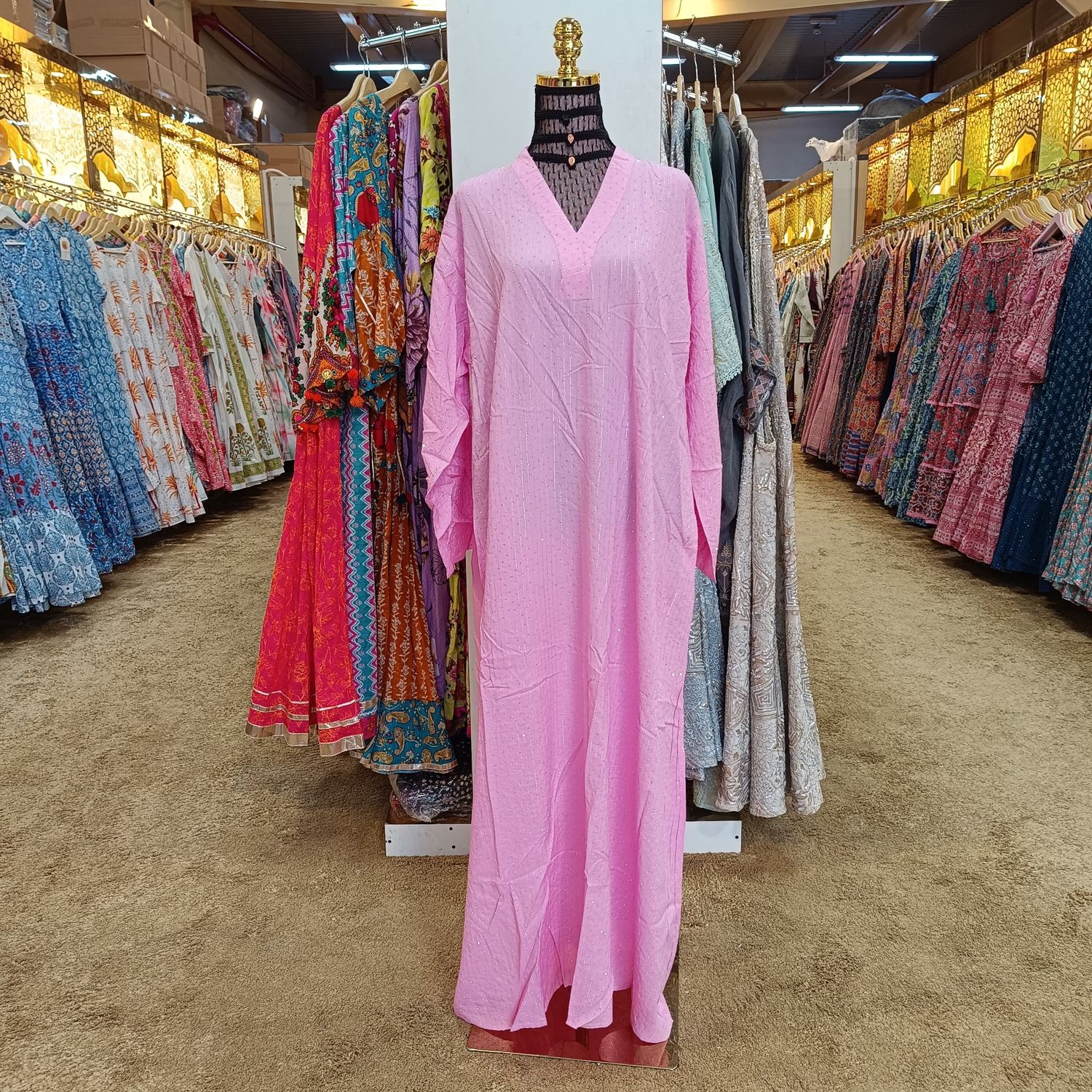 L/XL Teena Crystal pink Cotton Dress 57&quot; Long Jalabiya