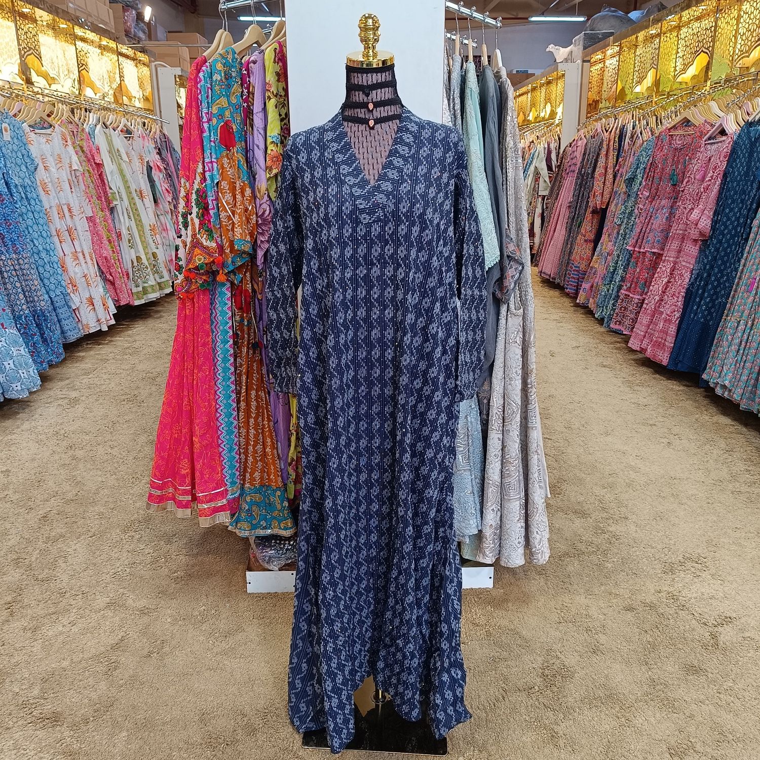 S/M Teena Crystal Blue Cotton Dress 56&quot; Long Jalabiya