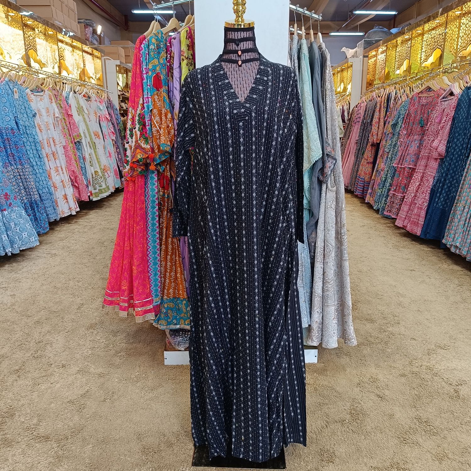L/XL Teena Crystal Black Cotton Dress 56&quot; Jalabiya
