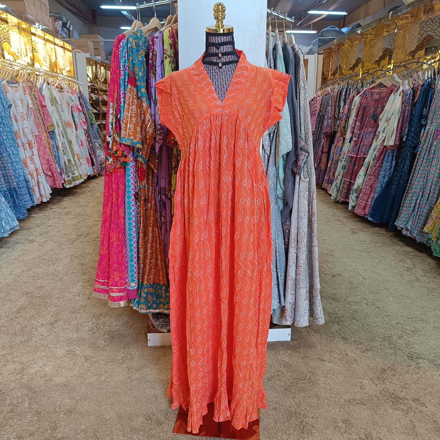 S/M Amani Crystal Orange Plain Solid Cotton Dress 56&quot; Short Sleeves Jalabiya