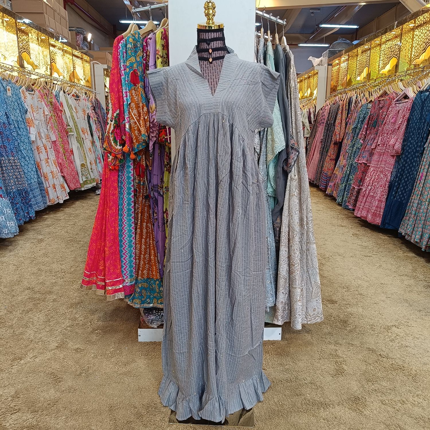 L/XL Amani Crystal  Plain Solid Cotton Dress 56&quot; Short Sleeves Jalabiya