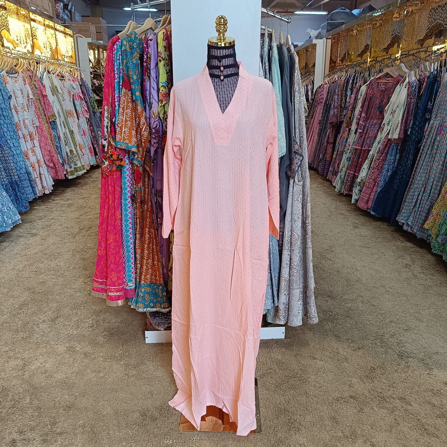 S/M Teena Crystal Pink Plain Solid Cotton Dress 55&quot; Long Jalabiya