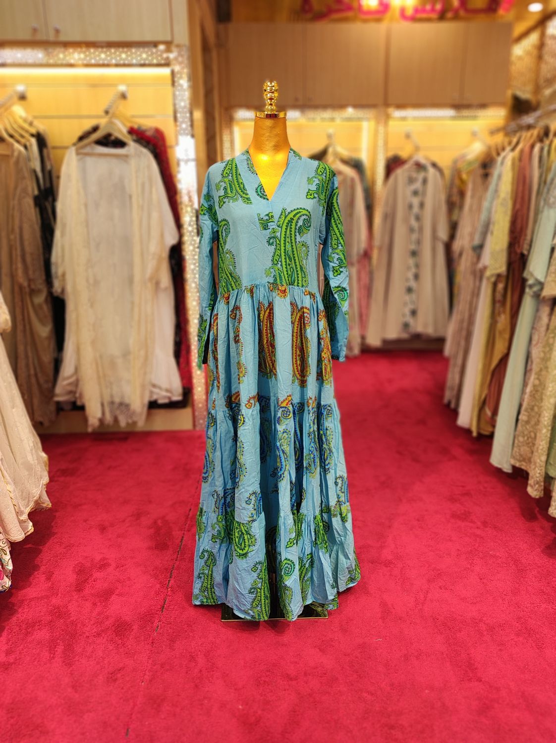 S/M Maldives Blue Printed Cotton Dress 57&quot; Long Jalabiya