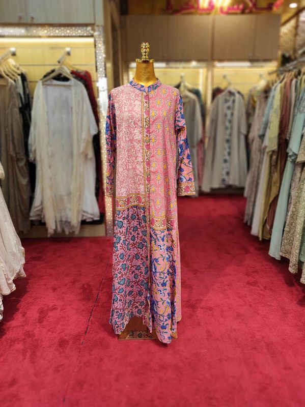 S/M Aquamarine Multi Printed Cotton Dress 57&quot; Long Jalabiya