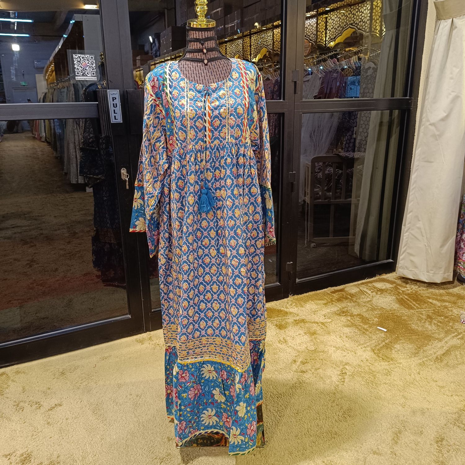 L/XL Ebrah Printed Cotton Dress 57&quot; Long Jalabiya