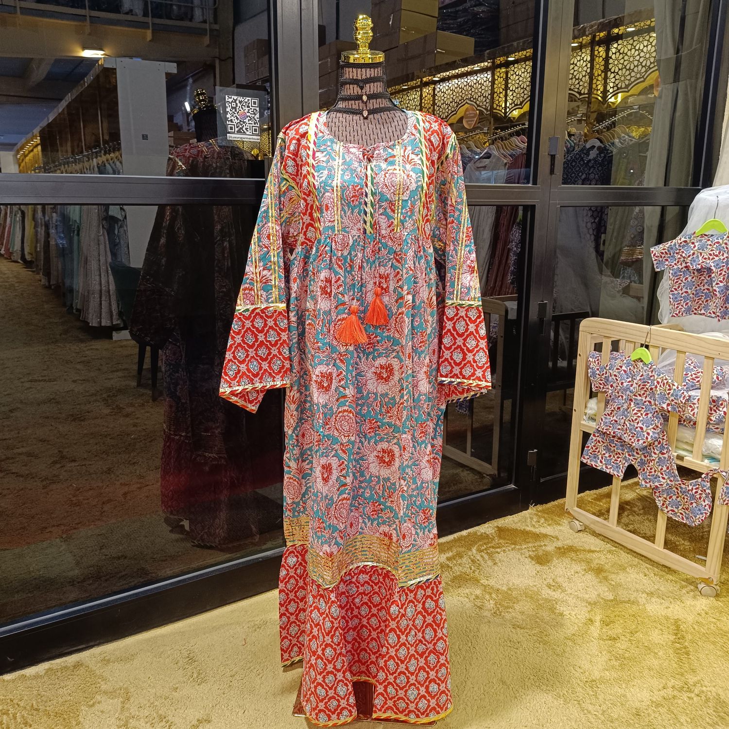 L/XL Ebrah Printed Cotton Dress 57&quot; Long Jalabiya