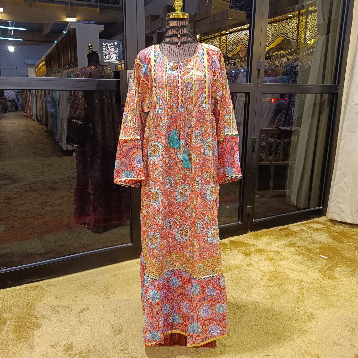 L/XL Ebrah Printed Cotton Dress 57&quot; Long Jalabiya