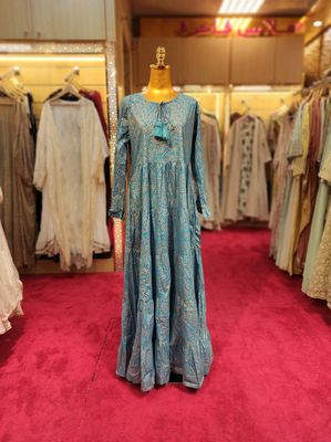 S/M Razia Blue Printed Cotton Dress 57&quot; Long Jalabiya