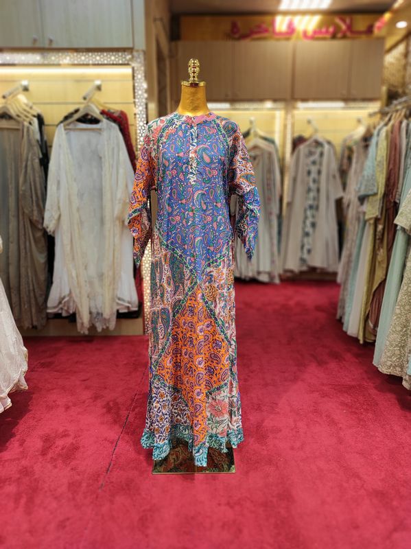 S/M Takisha Multi Printed Cotton Dress 57&quot; Long Jalabiya