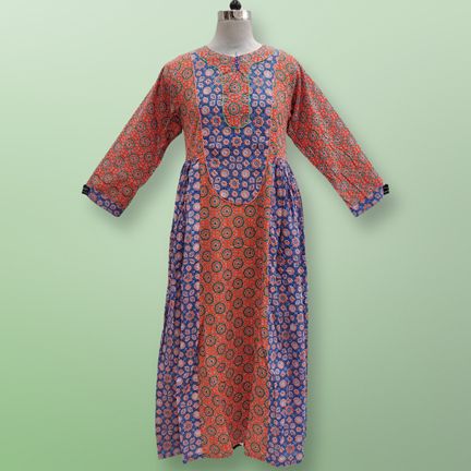 L/XL Suf Printed Cotton Dress 57&quot;Long Sleeves Jalabiya