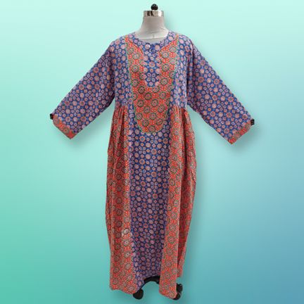 S/M Suf Printed Cotton Dress 57&quot;Long Sleeves Jalabiya