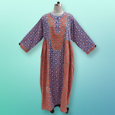 S/M Suf Printed Cotton Dress 57&quot;Long Sleeves Jalabiya