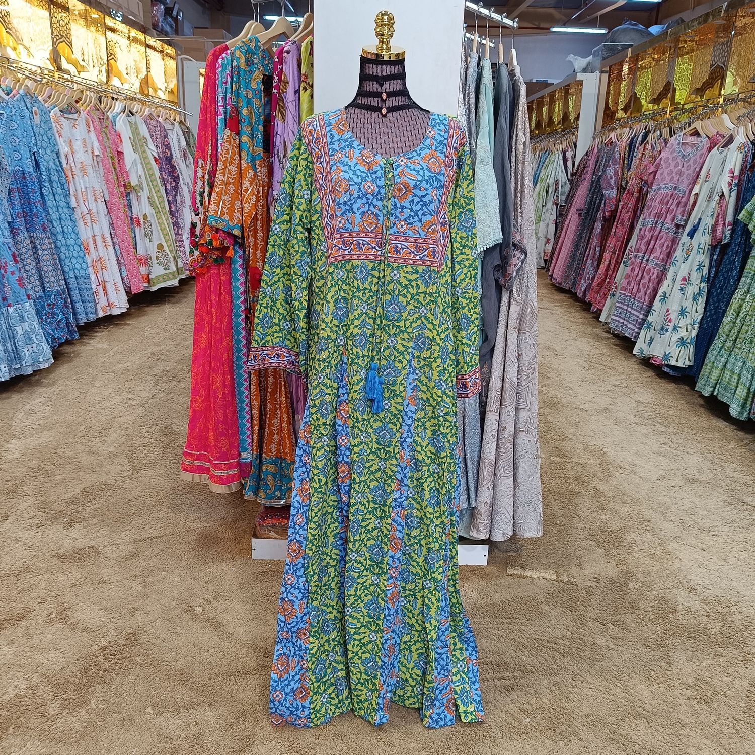 L/XL Anaya Crystal Blue Printed Dress 57&quot;  Jalabiya