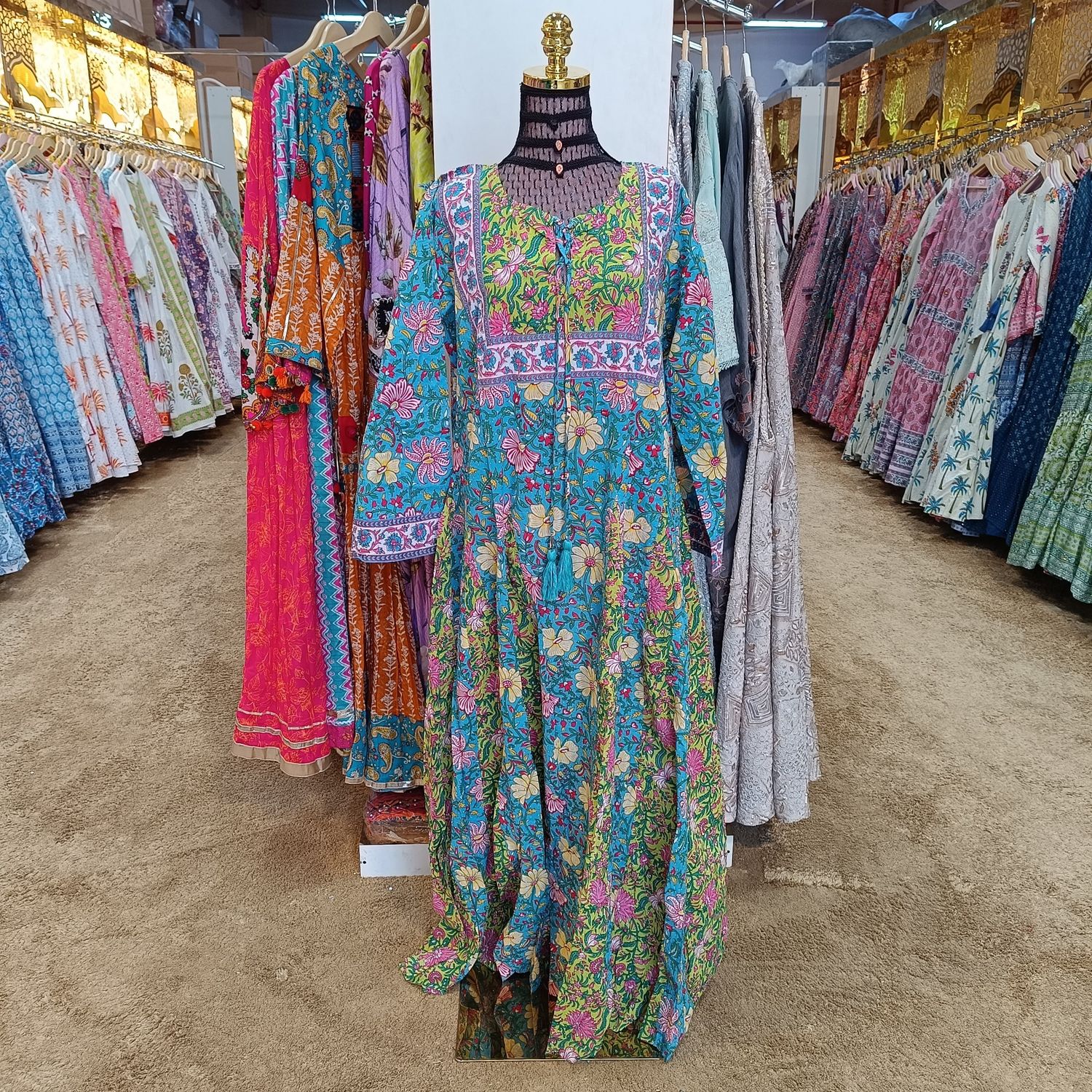 L/XL Anaya Crystal Blue Printed Cotton Dress 57&quot; Long Jalabiya