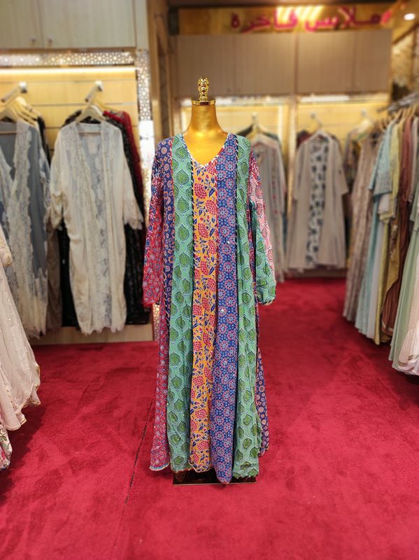 L/XL Meher Crystal Multi Printed Cotton Dress 57&quot; Long Jalabiya