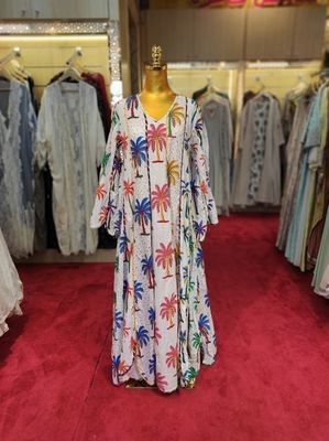 S/M  Meher Crystal White and printed Cotton  Dress 57&quot; Long Jalabiya