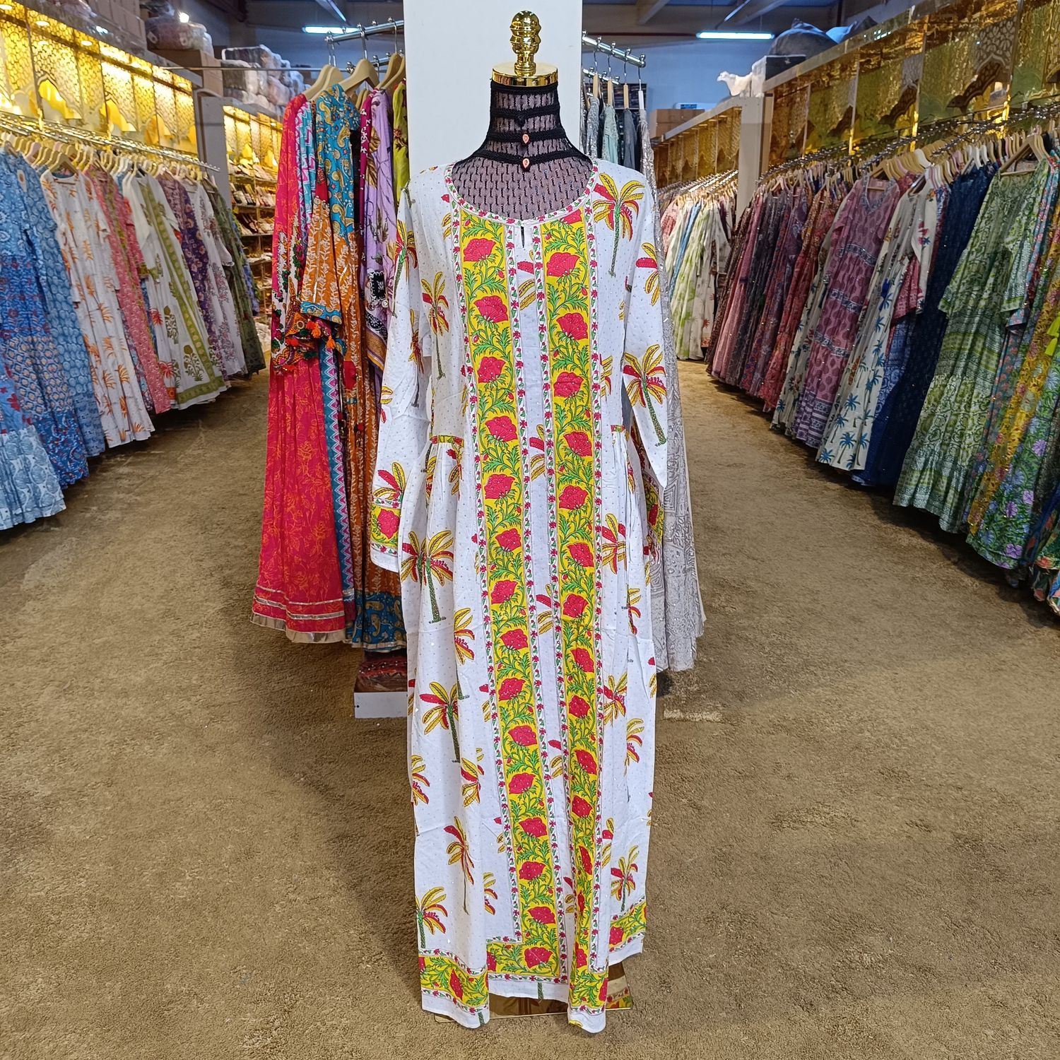 L/XL Crystal Bhopali Printed And Hand work Cotton Dress 57&quot; Long Jalabiya