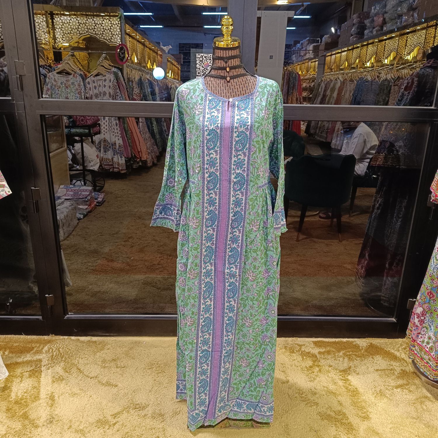 XS/S Bhopali Crystal Printed Cotton Dress 54&quot; Long Jalabiya
