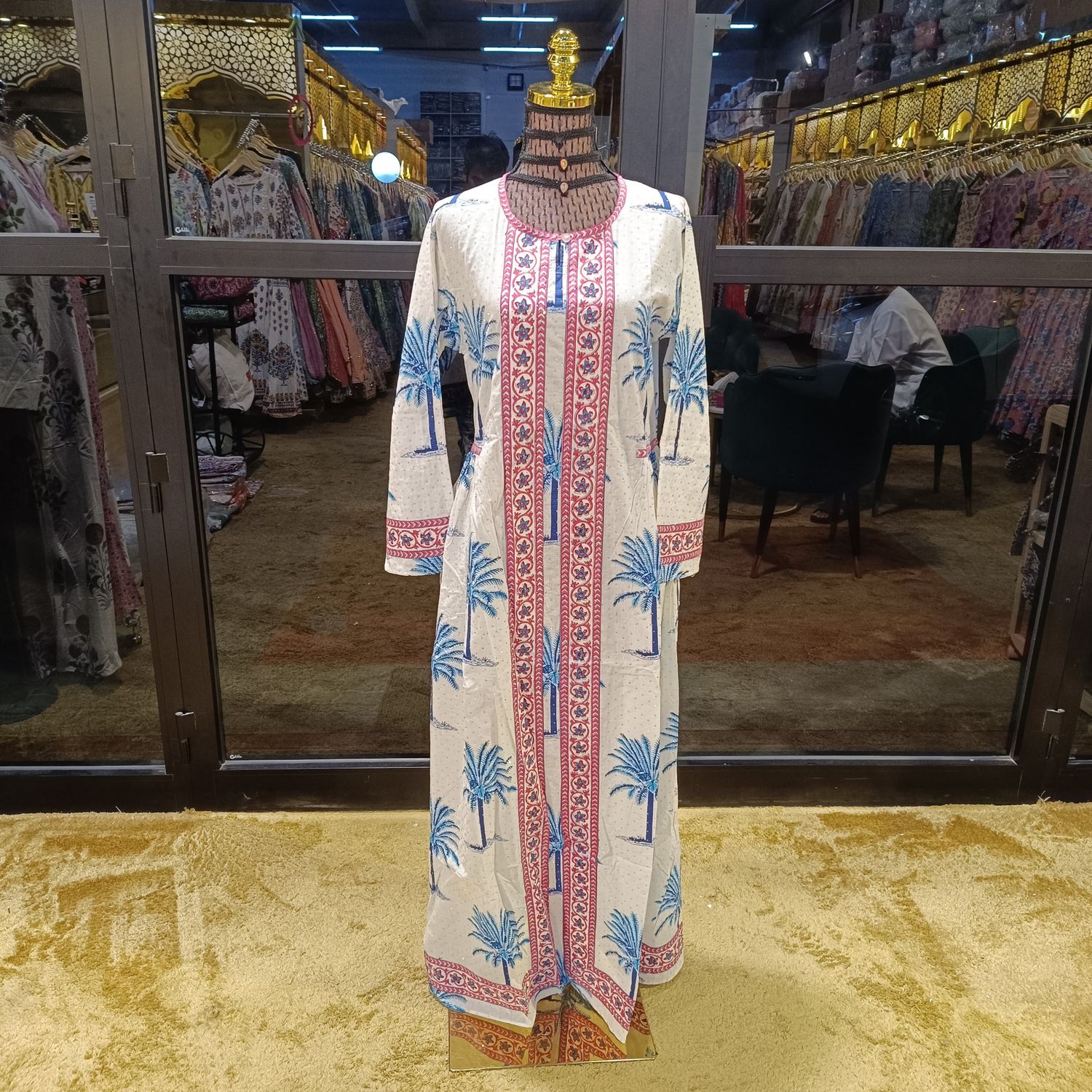 S/M Crystal Bhopali Printed And Hand work Cotton Dress 57&quot; Long Jalabiya