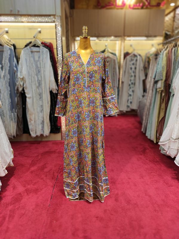 S/M Fagira Printed Cotton Dress 57&quot; Long Jalabiya