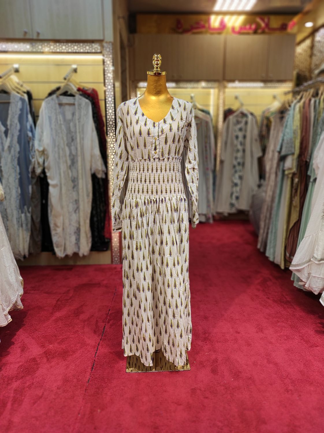 L/XL Maysoon White Printed Cotton Dress 57&quot; Long Jalabiya
