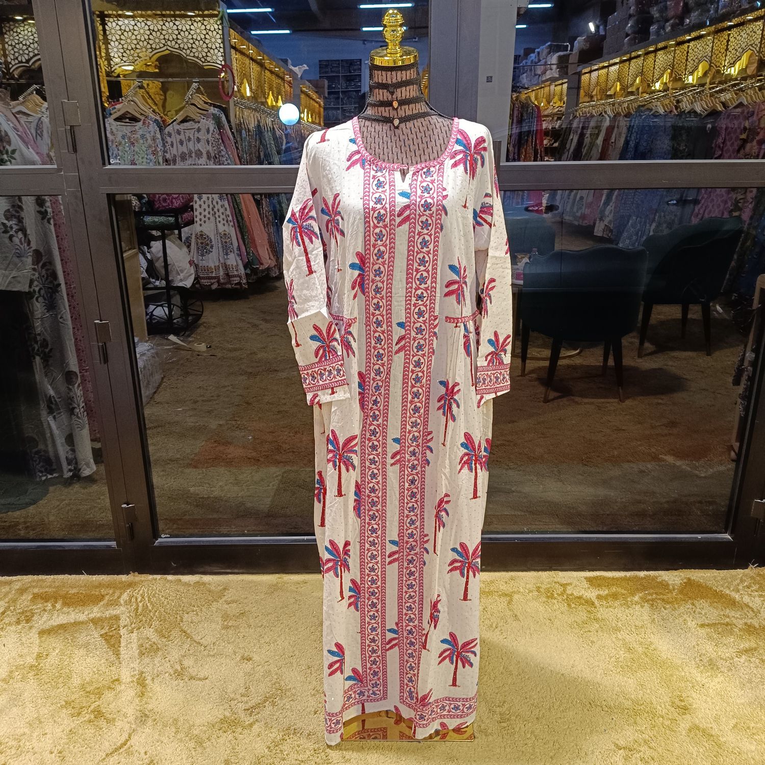 L/XL Crystal Bhopali Printed And Hand work Cotton Dress 57&quot; Long Jalabiya