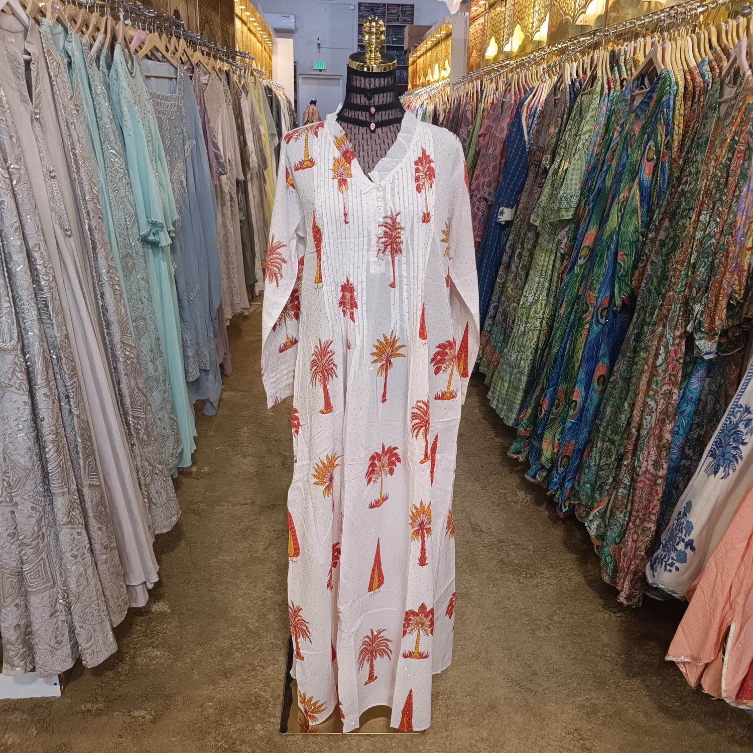 S/M Crystal Sparrow Printed Cotton Dress 57&quot; Long Jalabiya