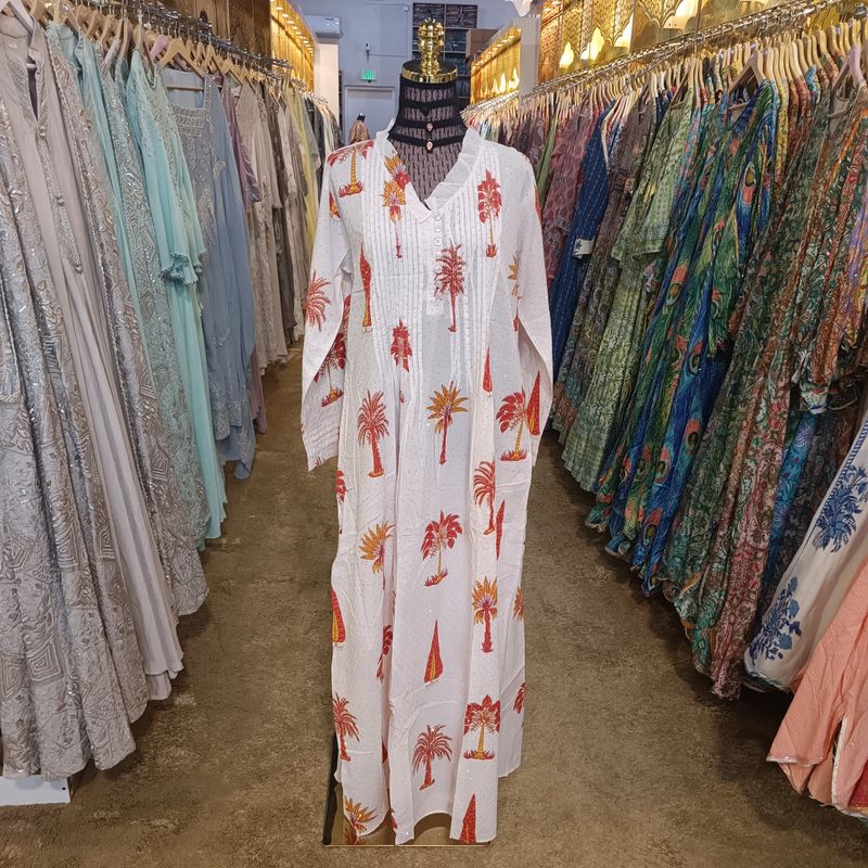 S/M Crystal Sparrow Printed Cotton Dress 57&quot; Long Jalabiya