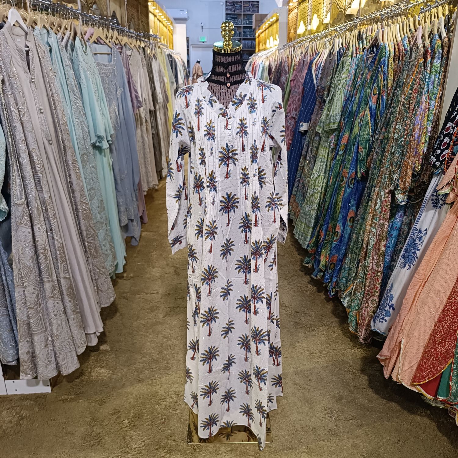 S/M Crystal Sparrow Printed Cotton Dress 57&quot; Long Jalabiya