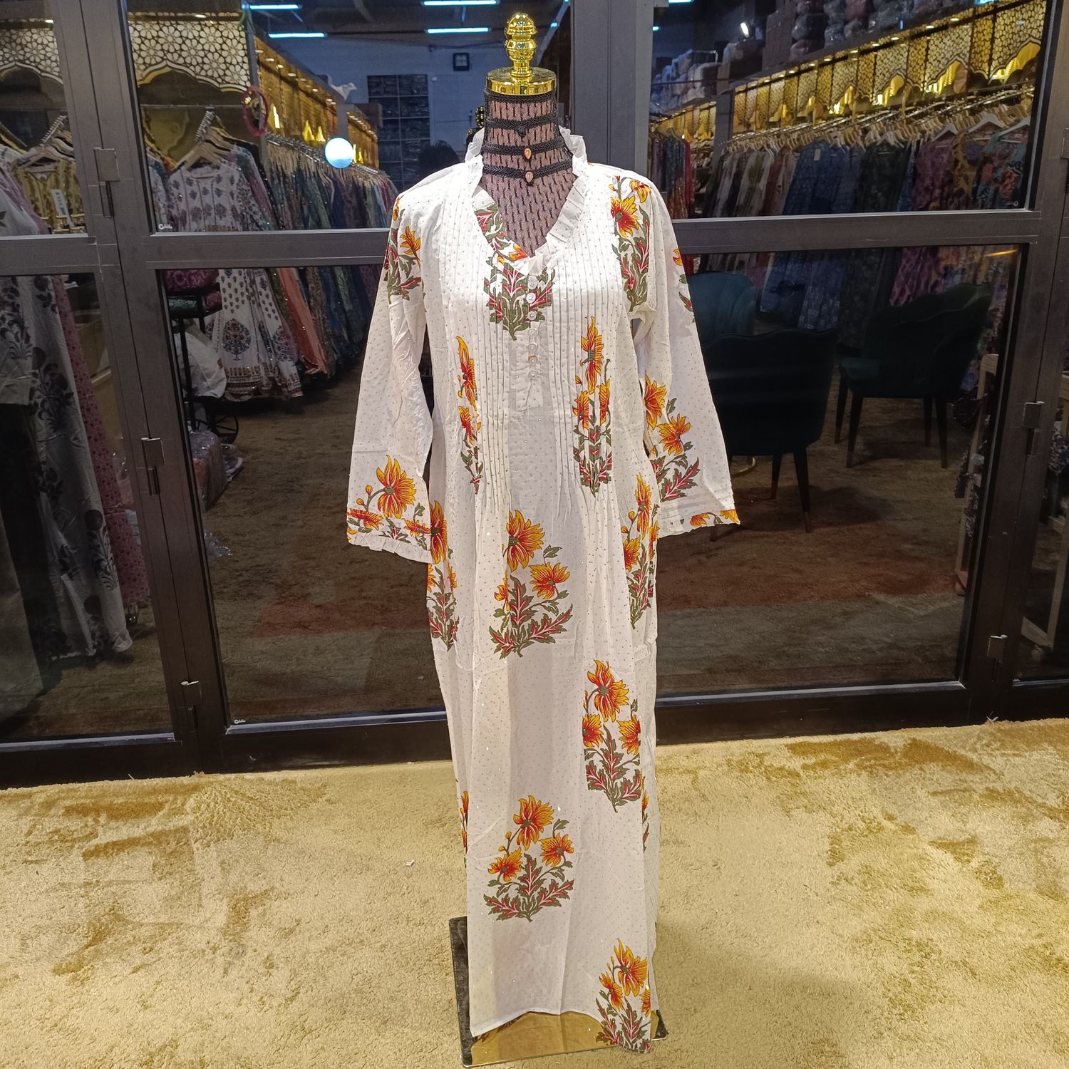 S/M Crystal Sparrow Printed Cotton Dress 57&quot; Long Jalabiya
